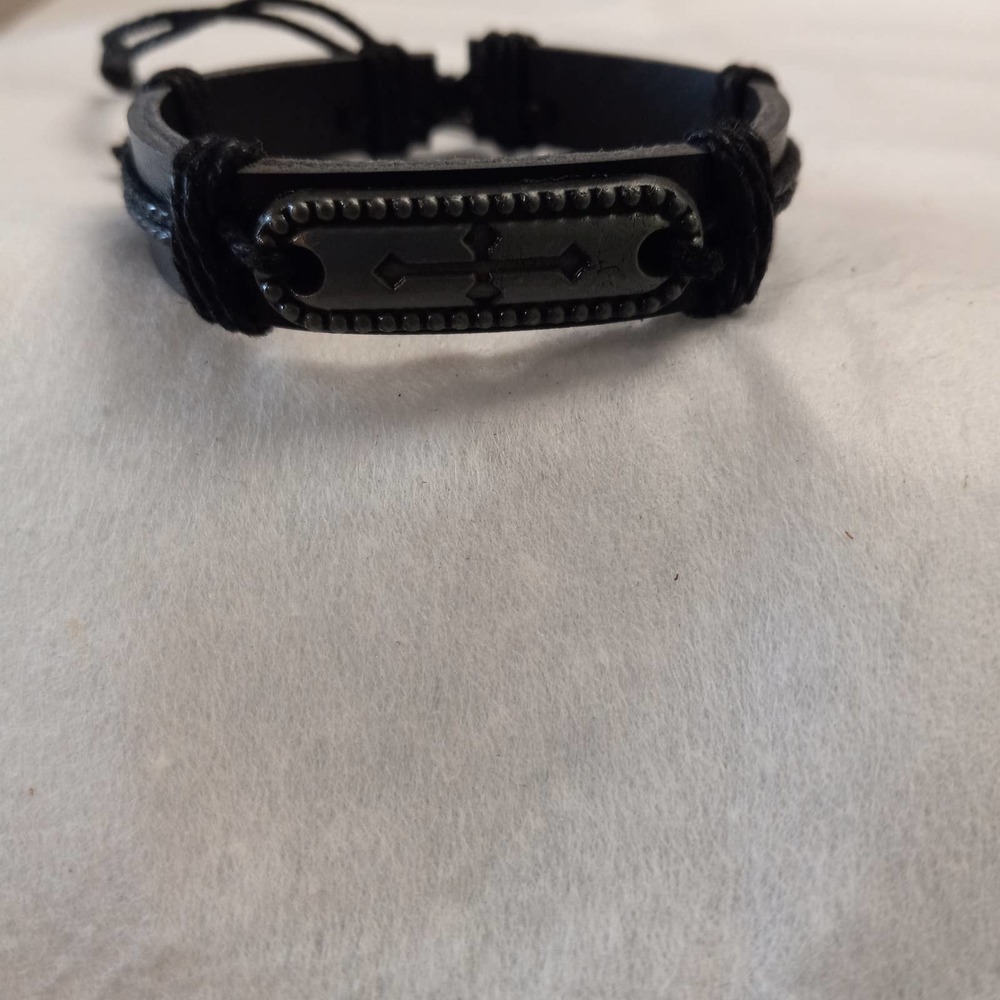 Men's black leather cross shaped bracelet silver metal one size fit most